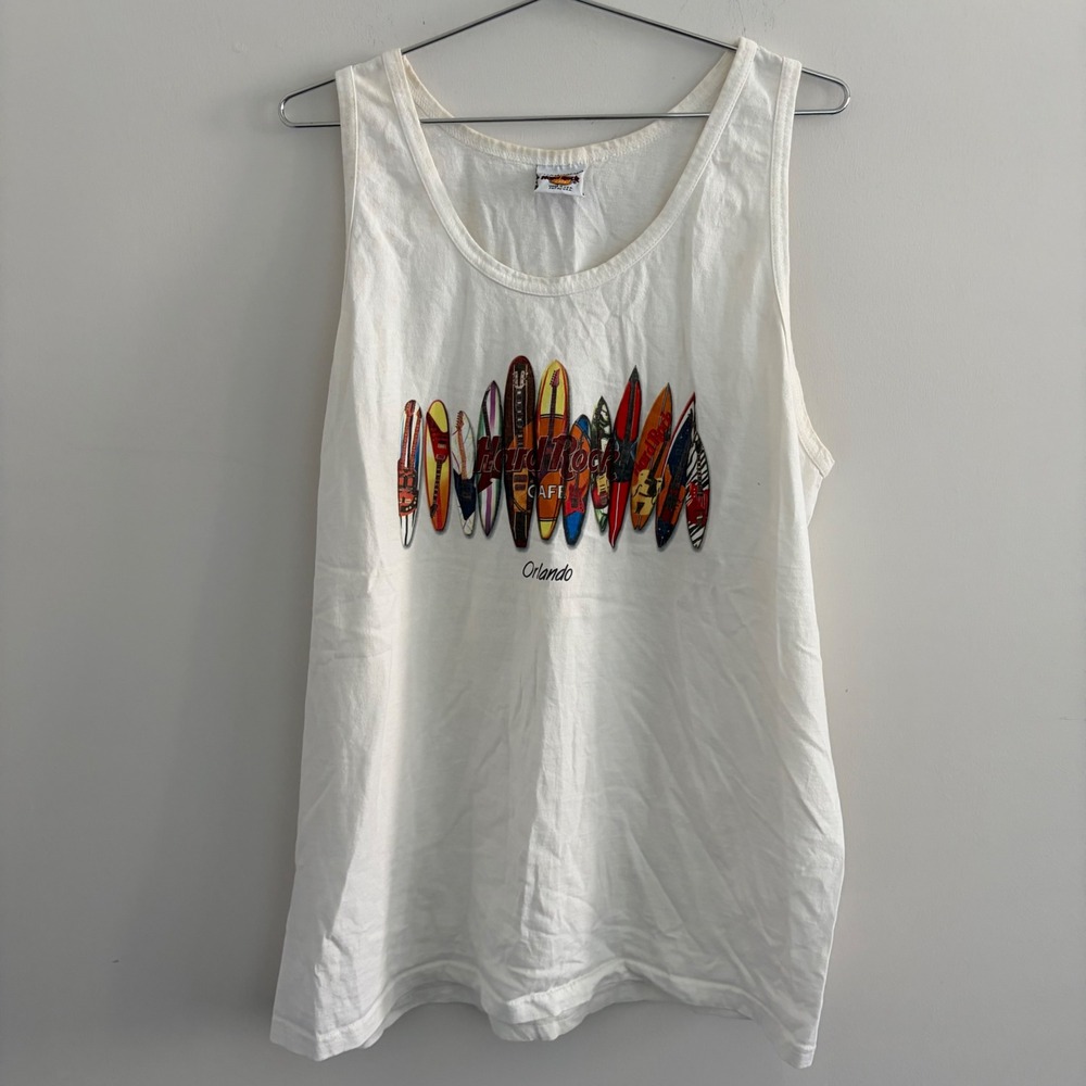 Vintage Hard Rock Cafe Orlando Surfboard Graphic Tank Top Mens XL White